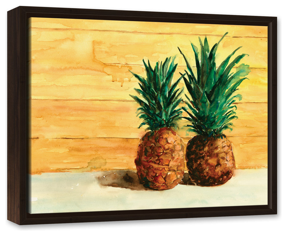 Tropical Beached Pineapple Pair  16x20 Walnut Floating Framed Canvas