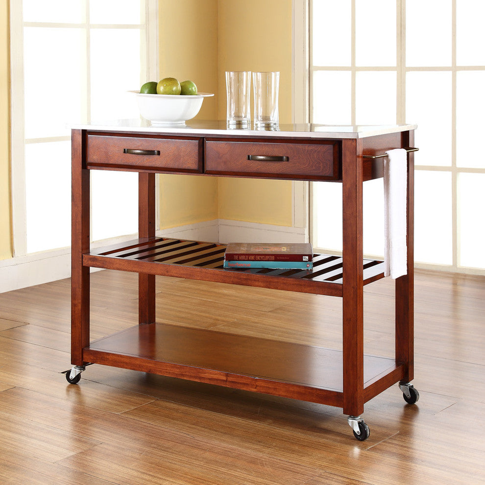 Crosley 2 Drawer Stainless Steel Top Kitchen Cart in Cherry