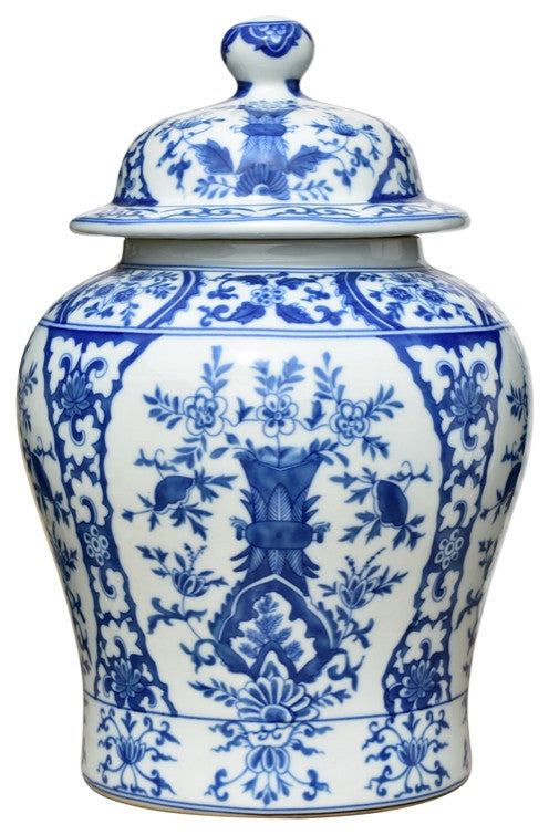 Blue and White Porcelain Chinoiserie Temple Jar 13"