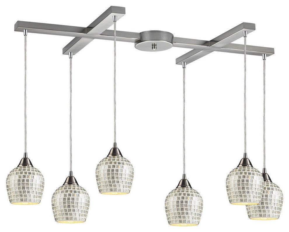 Fusion 6-Light Satin Nickel Pendant, Silver Mosaic Glass