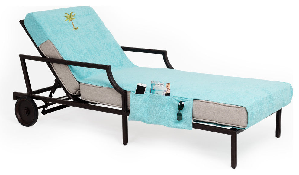 Palm Tree Embroidered Standard Size Chaise Lounge Cover With Side Pockets, Aqua