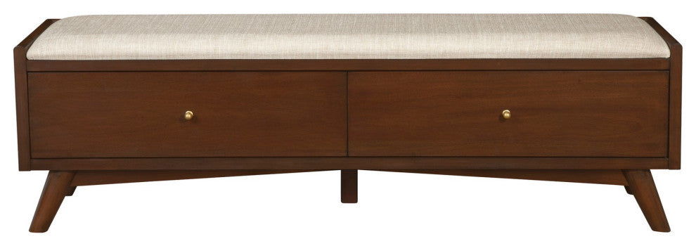 Benzara BM283855 59" 2 Drawer Accent Bench, Beige Seat Wood, Walnut Brown