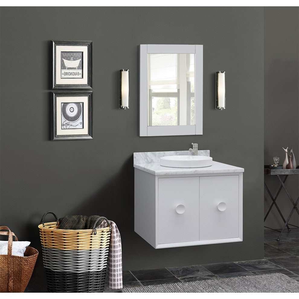 31" Single Wall Mount Vanity, White Finish With White Carrara Top