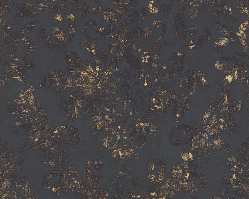 Damask Textured Wallpaper, Ornaments, 374132, Black Anthracite Gold, 1 Roll