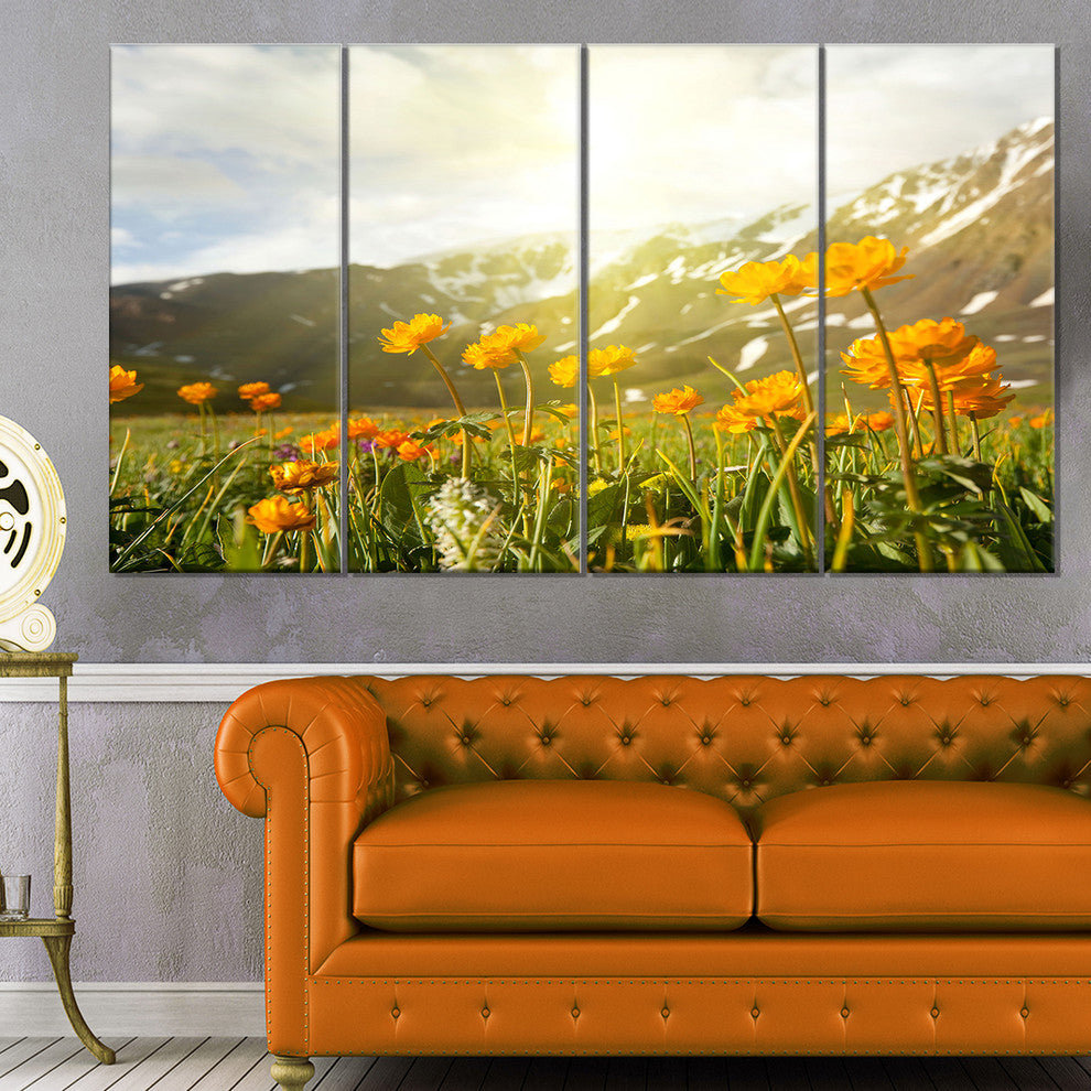Mountain Pasture with Yellow Flowers, Floral Canvas Art Print, 48"x28", 4 Panels