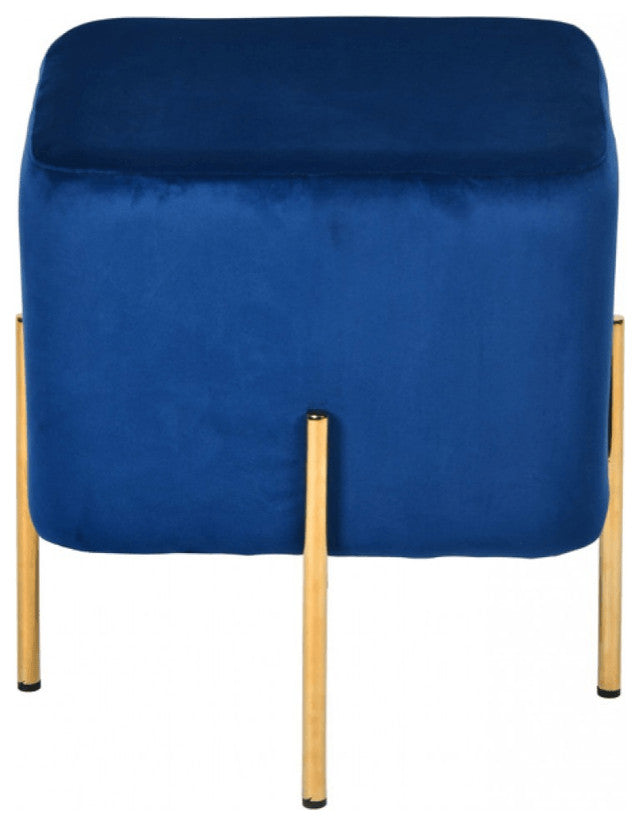 16" Blue Velvet And Gold Cube Ottoman