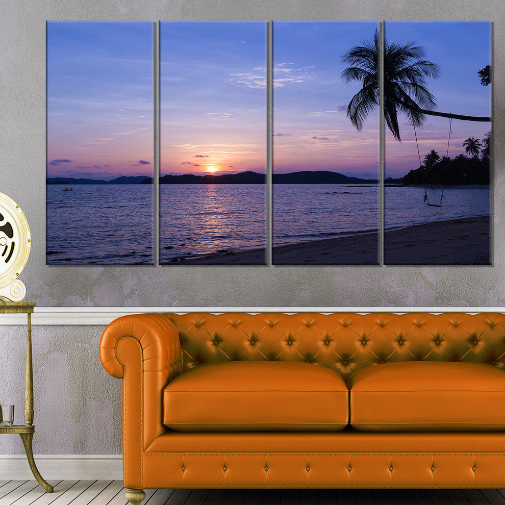 "Hanging Seat in Blue Sunset Beach" Modern Seashore Wall Art, 4 Panels, 48"x28"