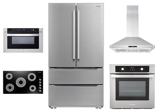 5PC, 30" Cooktop 30" Range Hood 24" Wall Oven 30" Microwave & Refrigerator
