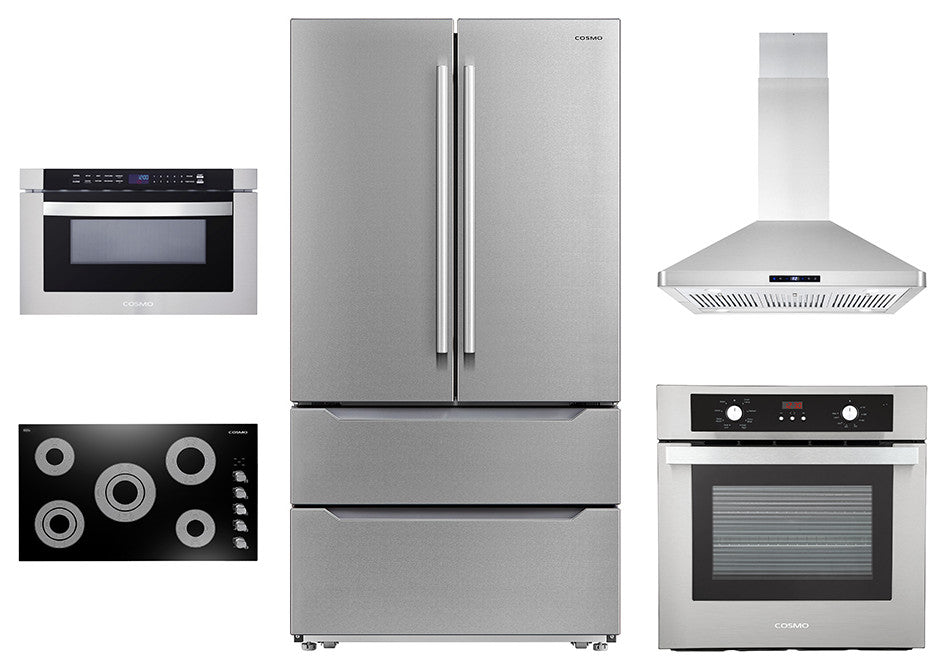 5PC, 30" Cooktop 30" Range Hood 24" Wall Oven 30" Microwave & Refrigerator
