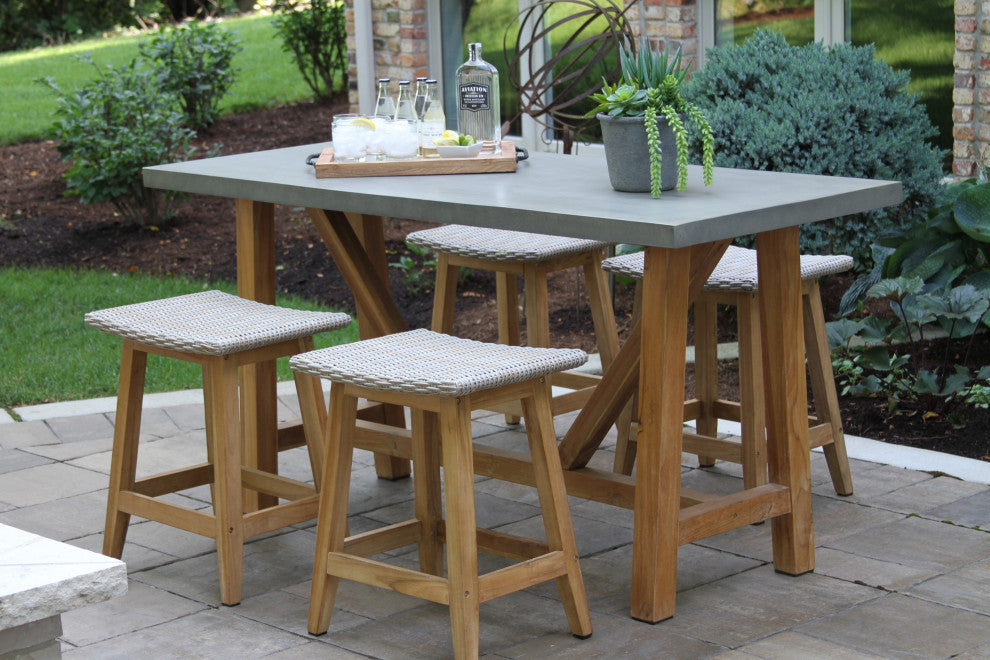 5-Piece Composite, Teak and Ash Gray Wicker Counter Height Dining Set