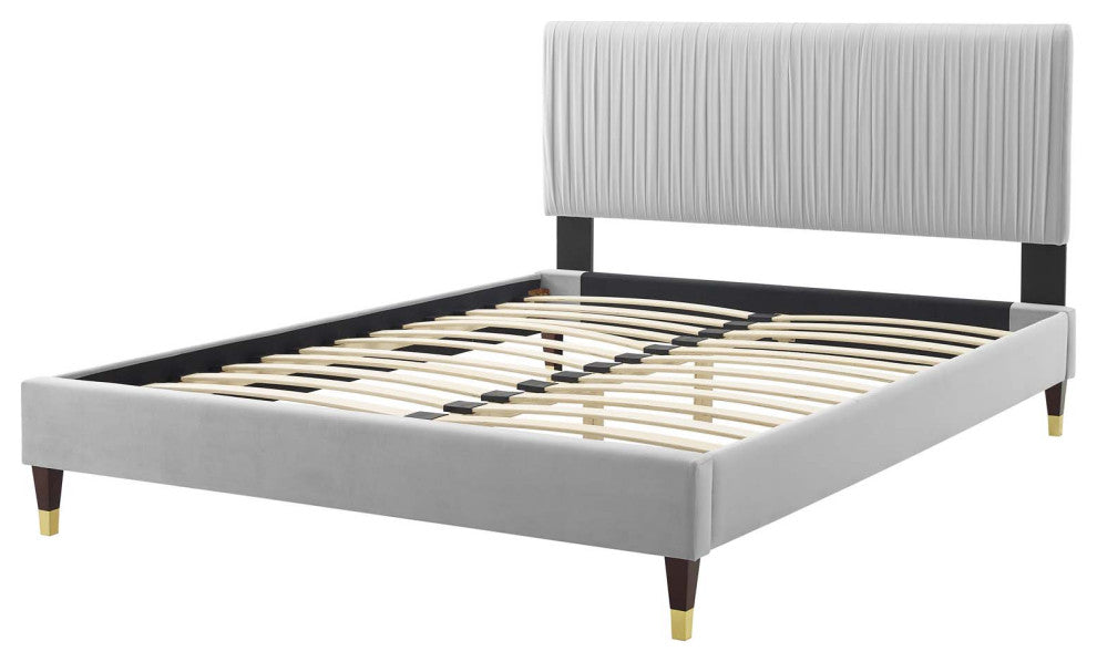 Platform Bed Frame, Twin Size, Velvet, Light Grey Gray, Modern Contemporary
