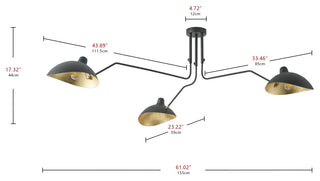 Farmhouse Matte Black 3-Light Semi Flush Mount Ceiling Light with Gold Leaf