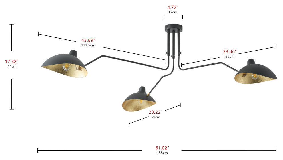 Farmhouse Matte Black 3-Light Semi Flush Mount Ceiling Light with Gold Leaf