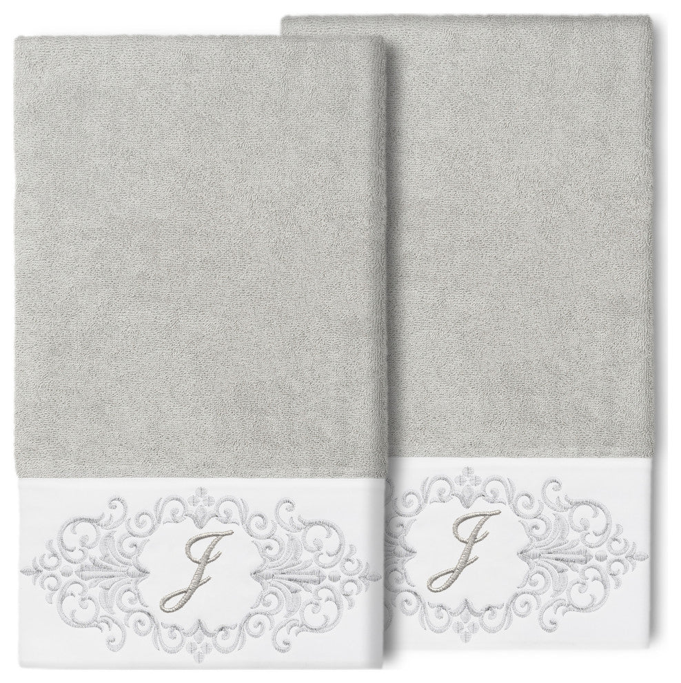 Linum Home Turkish Cotton Monica 2-Piece Embellished Bath Towel Set, Light Gray