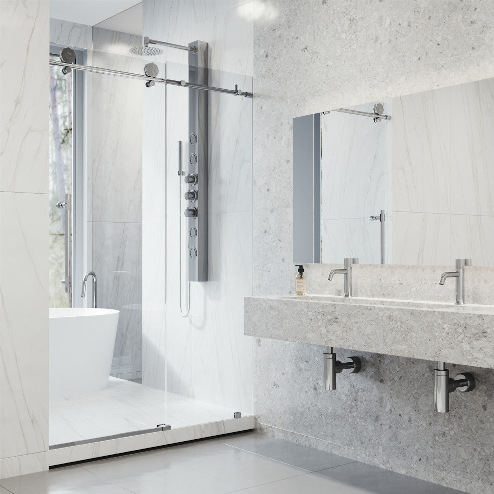 VIGO Elan Hart 56" to 60" W x 76" H Frameless Sliding Shower Door, Chrome, Clear Glass