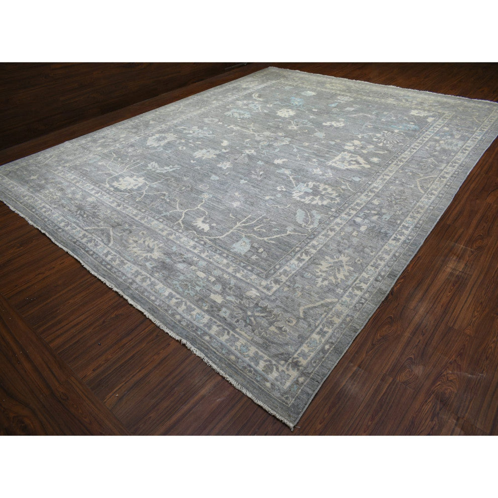 Gray, Hand Knotted Afghan Angora Oushak, Soft Wool Oversized Rug, 12'0"x15'2"
