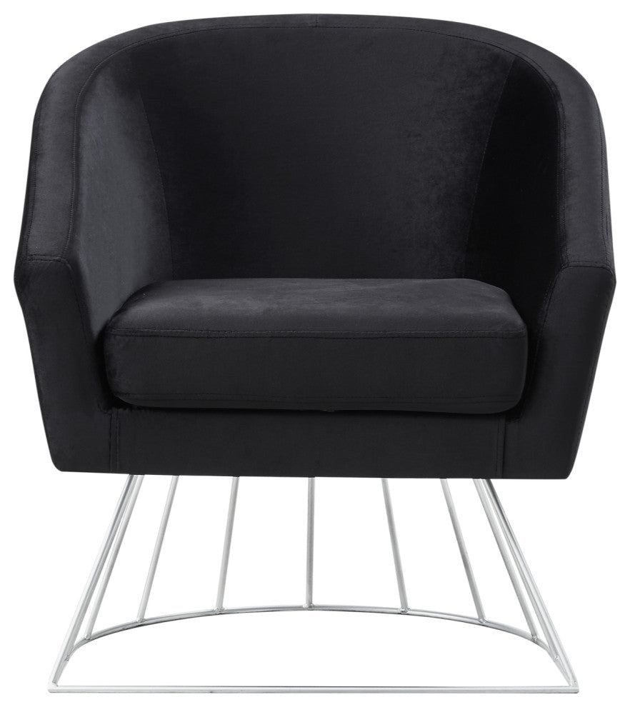 Alice Velvet Barrel Accent Chair With Metal Base, Black and Silver