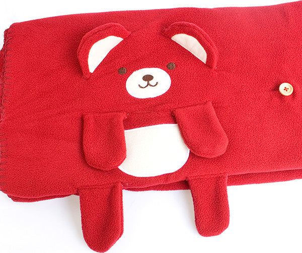 Happy Bear - Dark Red Applique Coral Fleece Baby Throw Blanket (42.5"-59.1")