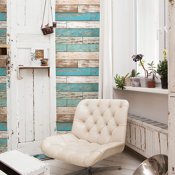 Weathered Wood Wallpaper, Blue Tones, Bolt