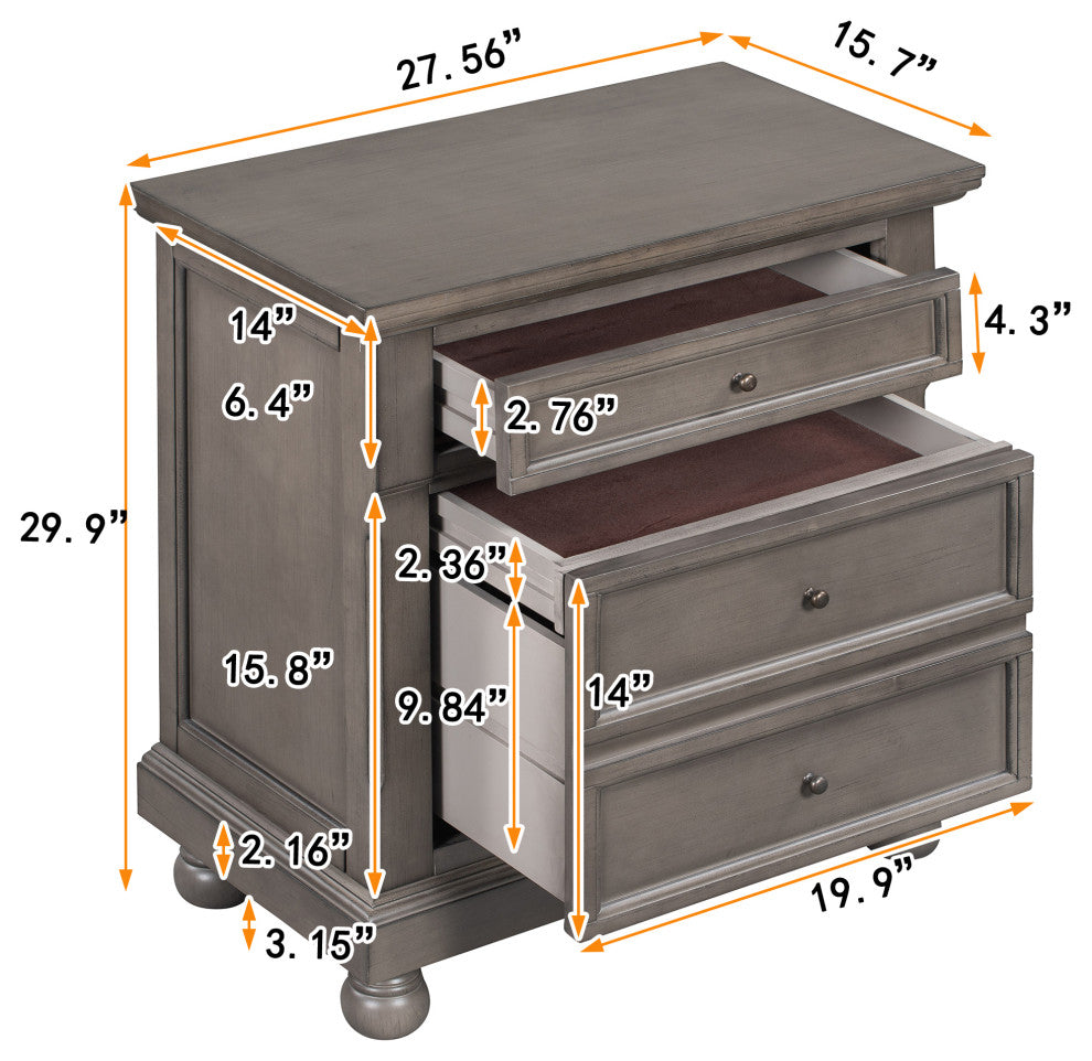 3-Drawer Wood Nightstand, Grey, 30'' Tall
