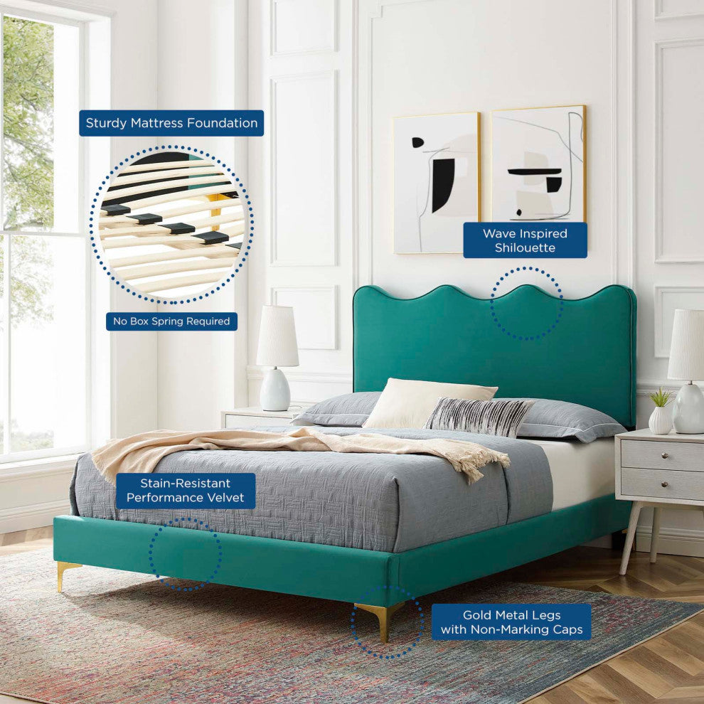 Platform Bed Frame, King Size, Teal Blue, Velvet, Modern, Bedroom Guest Suite