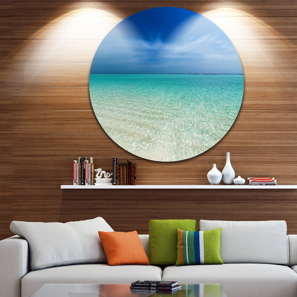 Turquoise Ocean Under Blue Sky, Modern Seascape Disc Metal Artwork, 23"