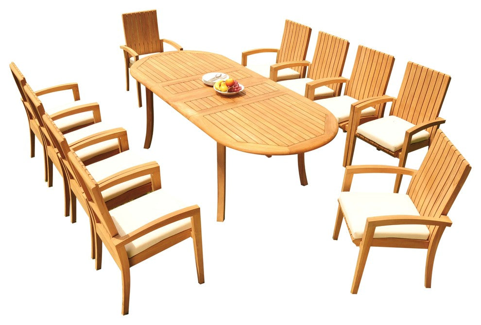 11-Piece Outdoor Teak Dining Set: 94" Oval Ext Table, 10 Goa Stacking Arm Chairs