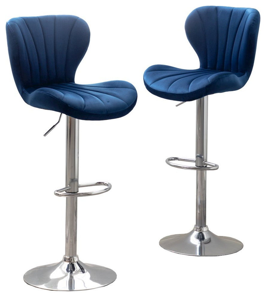 Ellston Upholstered Adjustable Swivel Barstools in Blue, Set of 2