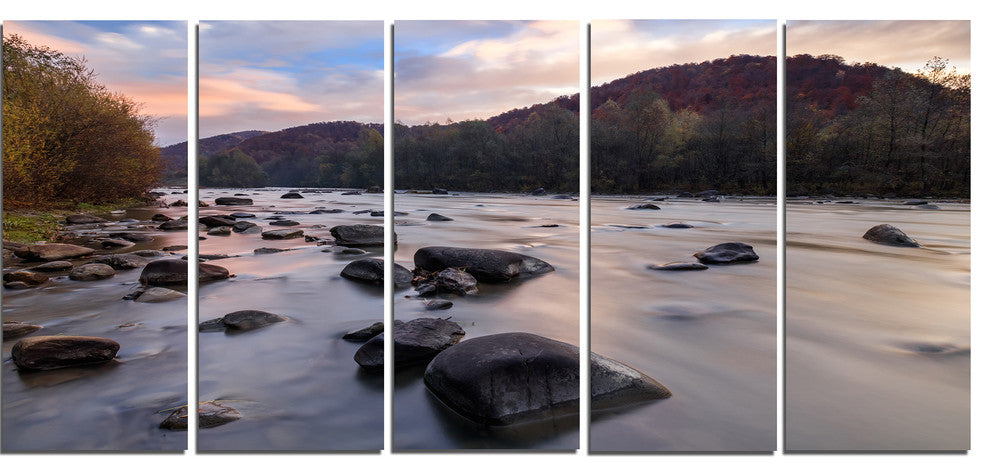 Rocky Mountain River in Autumn, Seashore Wall Art on Canvas, 60"x28", 5 Panels