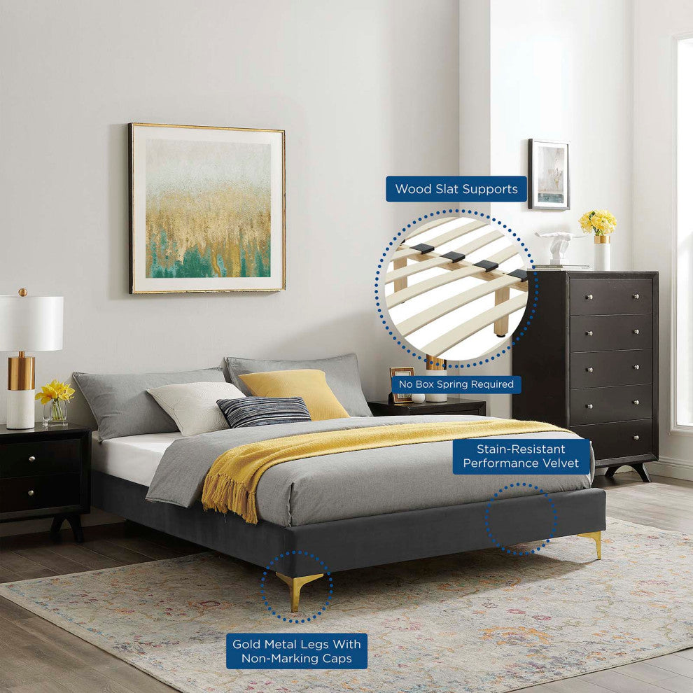 Platform Bed Frame, Twin Size, Velvet, Dark Grey Gray, Modern Contemporary