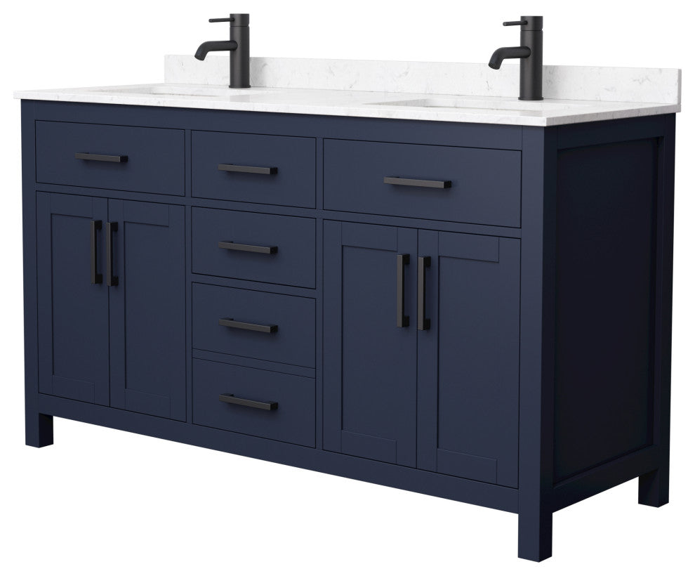 60"DBL Vanity Dark Blue, Carrara Cult. Marble Countertop, Sinks, Black Trim