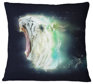 White Tiger With Open Jaws Animal Throw Pillow, 16"x16"