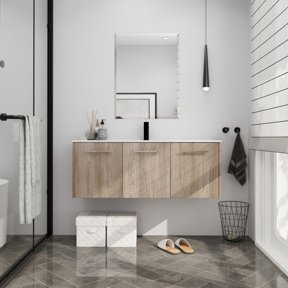 48" Plywood Wall Mounted Bath Vanity Set, Integrated Resin Sink