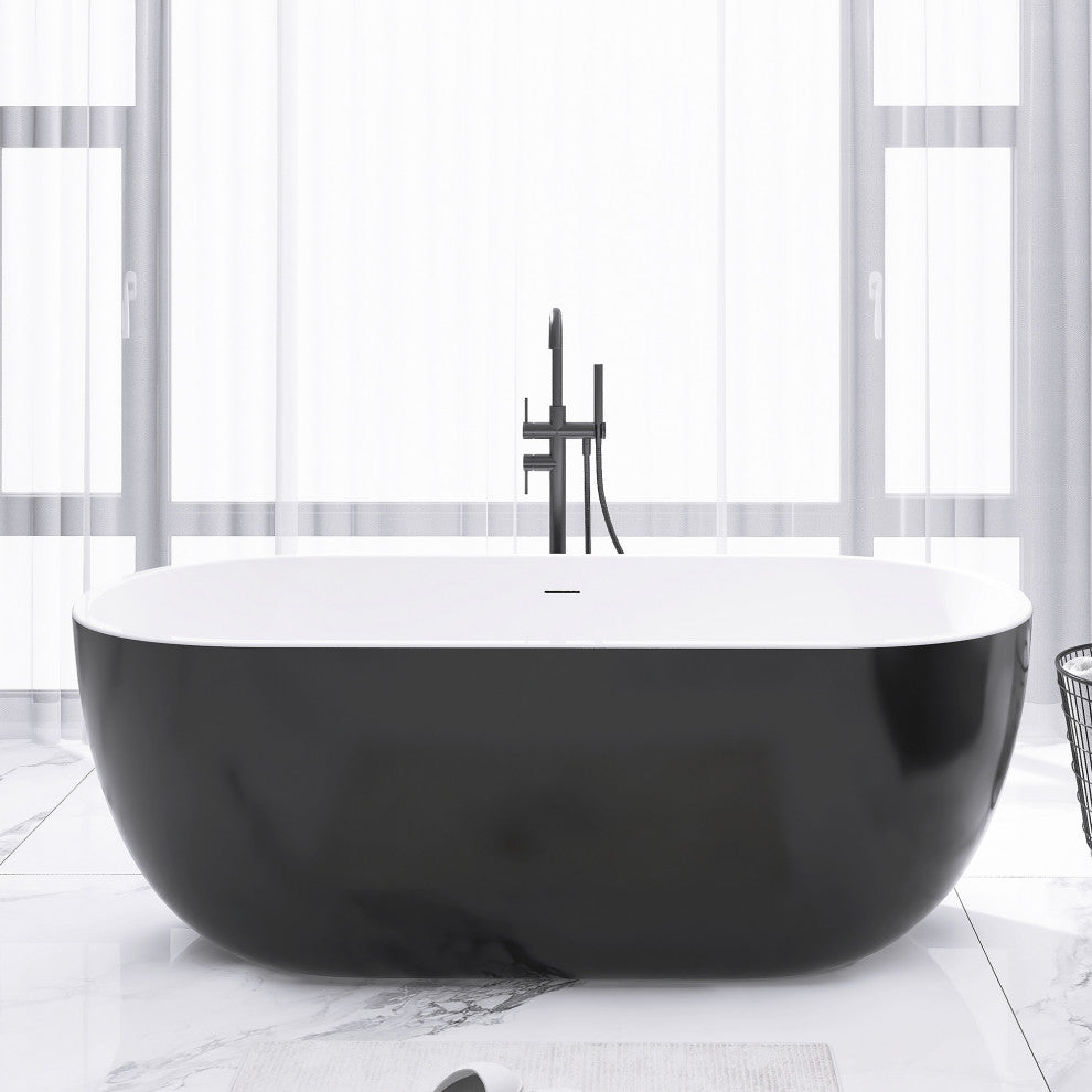 Acrylic Roll-Top Freestanding Flatbottom Soaking Bathtub, Black, 65"30"