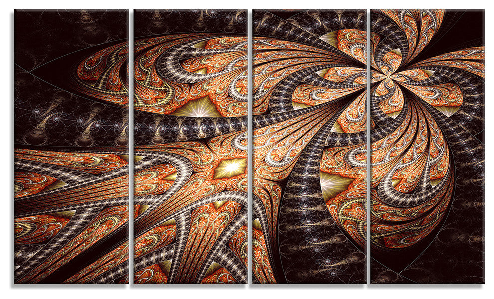 Brown Symmetrical Fractal Flower, Abstract Canvas Art Print, 48"x28", 4 Panels