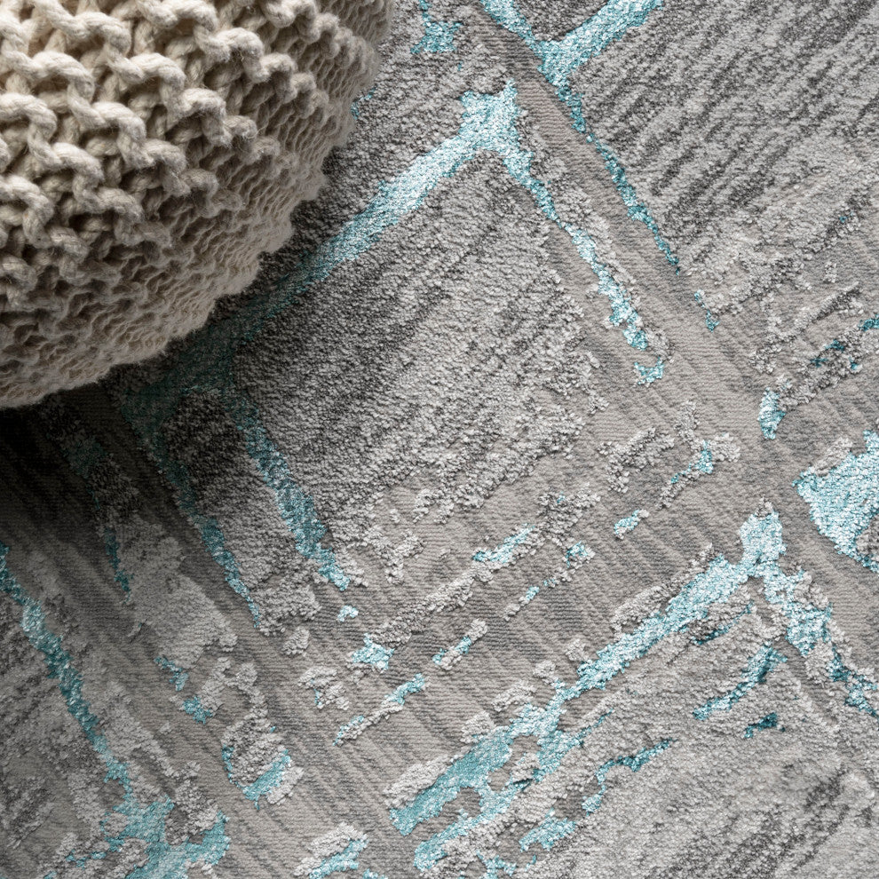 Slant Modern Abstract Area Rug, Gray/Turquoise, 8 X 10