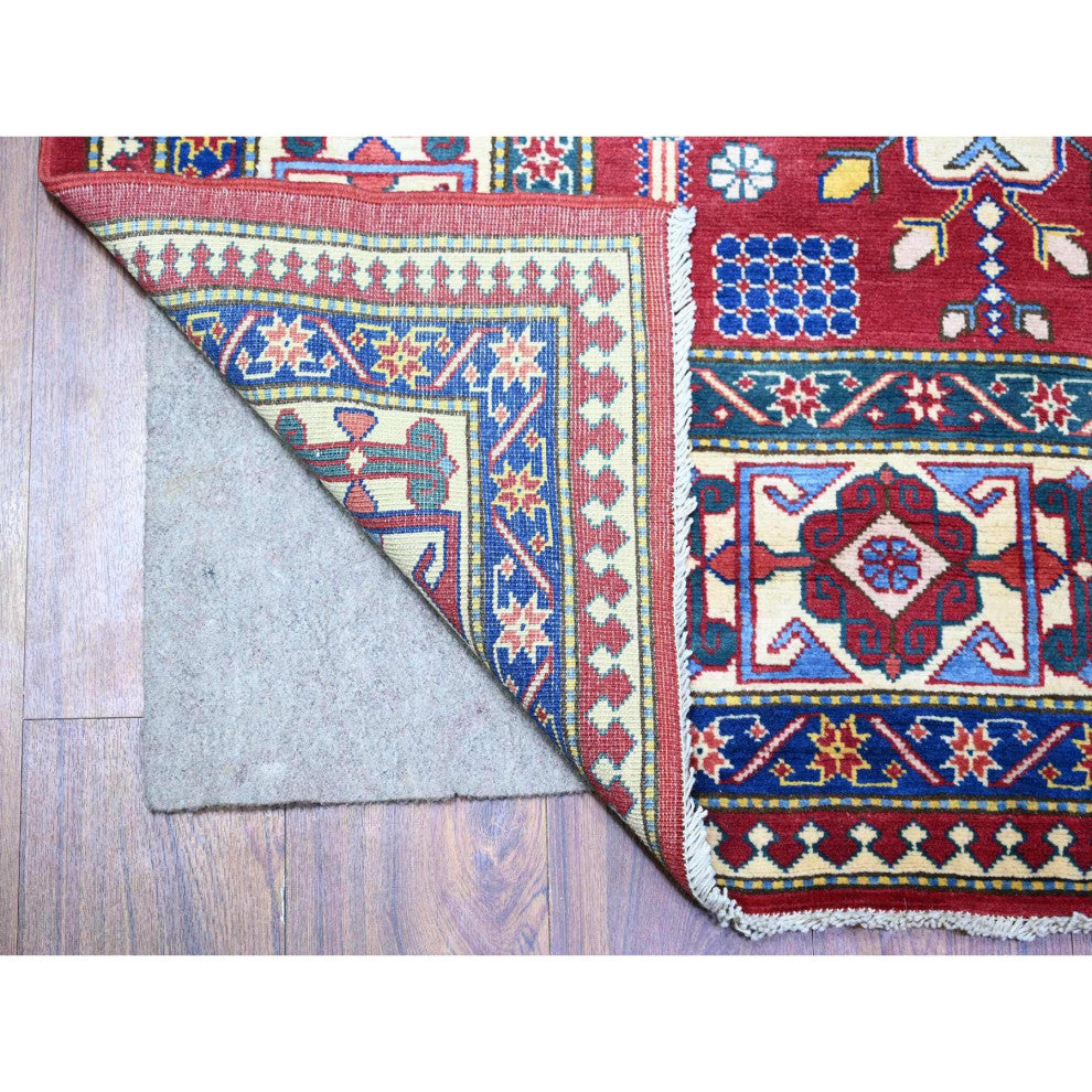 Red Caucasian Design Wool Afghan Super Kazak Hand Knotted Oriental Rug 6'4"x9'4"