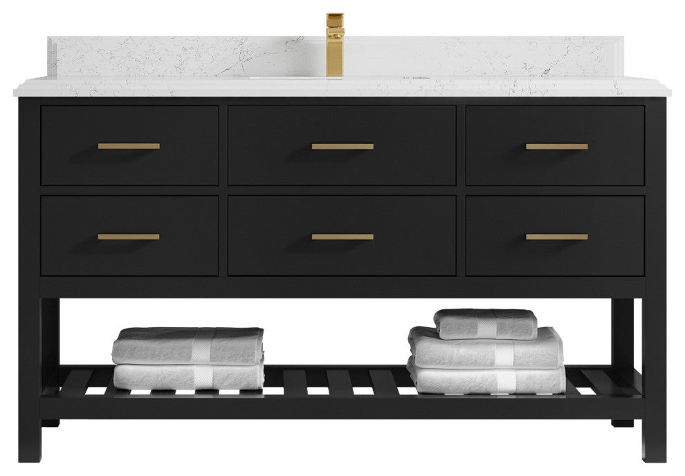 Parker 60" Single Sink Bath Vanity, Black 1.5" Empira White Quartz