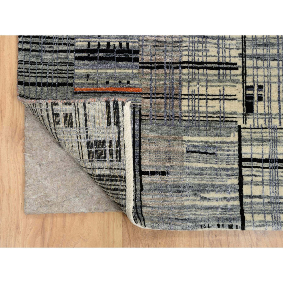 Black and Gray Ghazni Wool and Silk Modern Design Hand Knotted Rug, 8'0"x10'0"