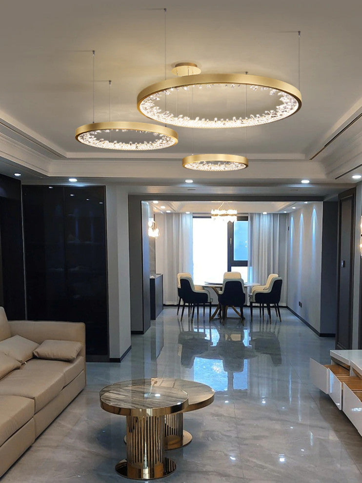 Zeddiani | Gold Rings Led Crystal Chandelier for Bedroom, 3 Rings 7 Bases