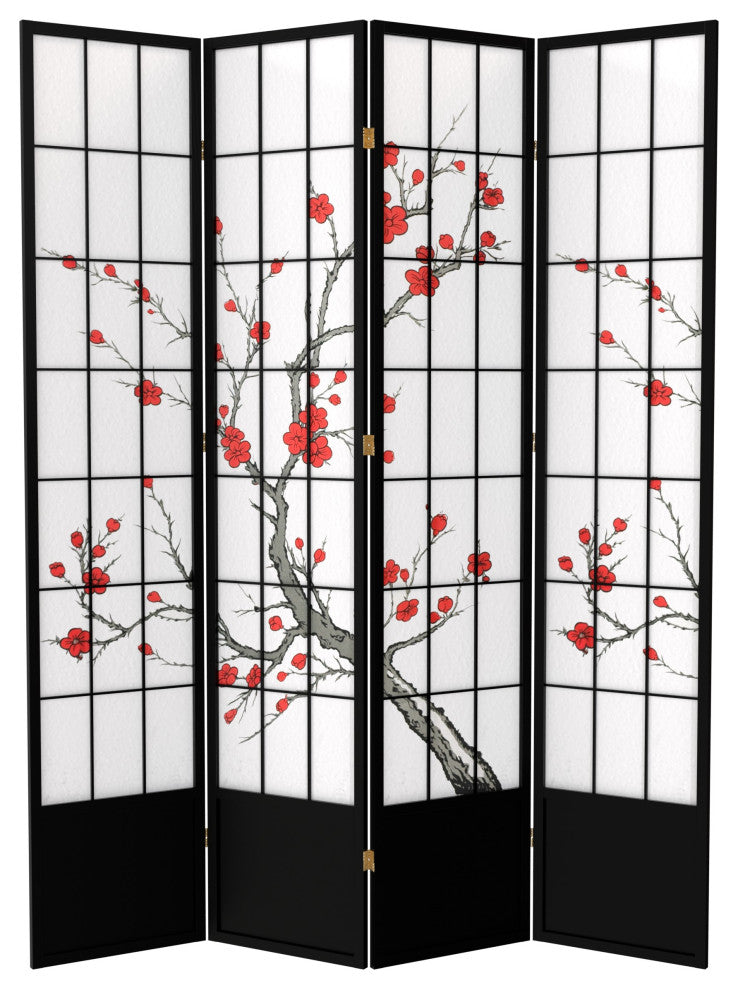 7' Tall Cherry Blossom Shoji Screen, Black, 4 Panels