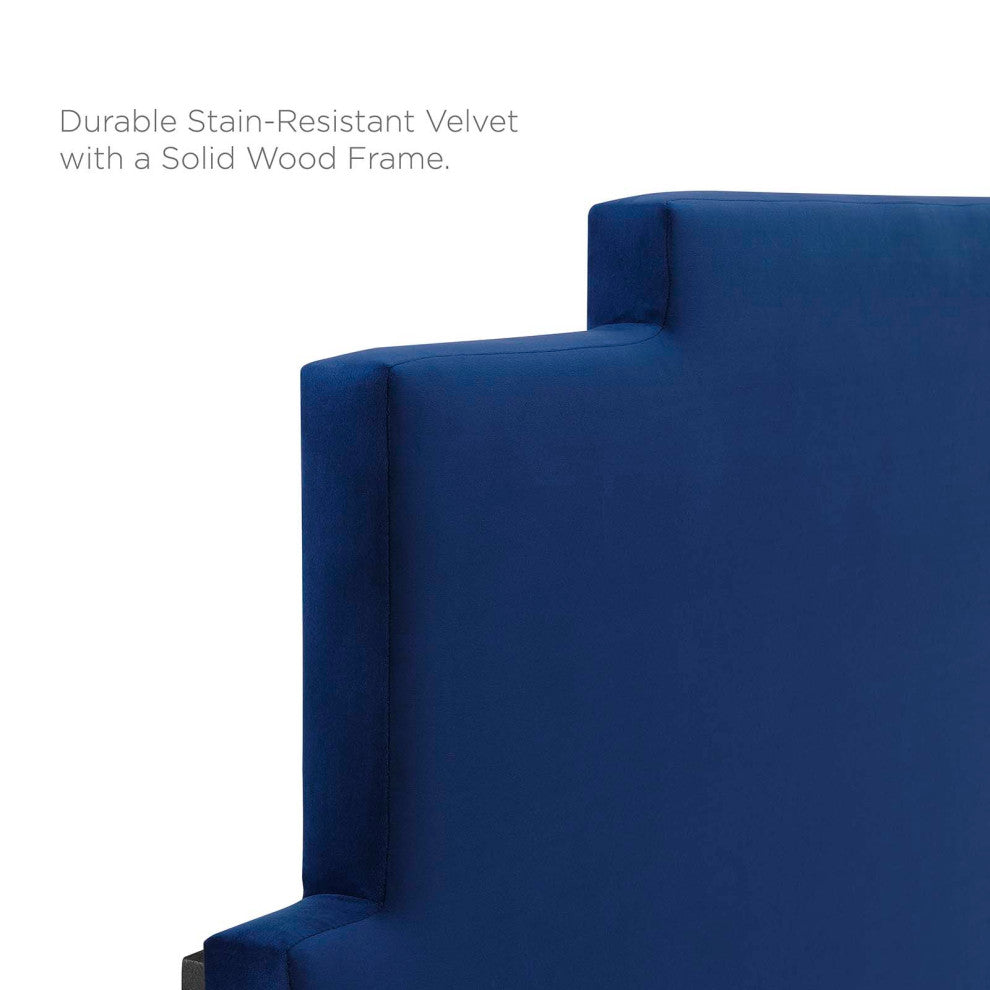 Platform Bed Frame, Queen Size, Velvet, Blue Navy, Modern Contemporary, Bedroom