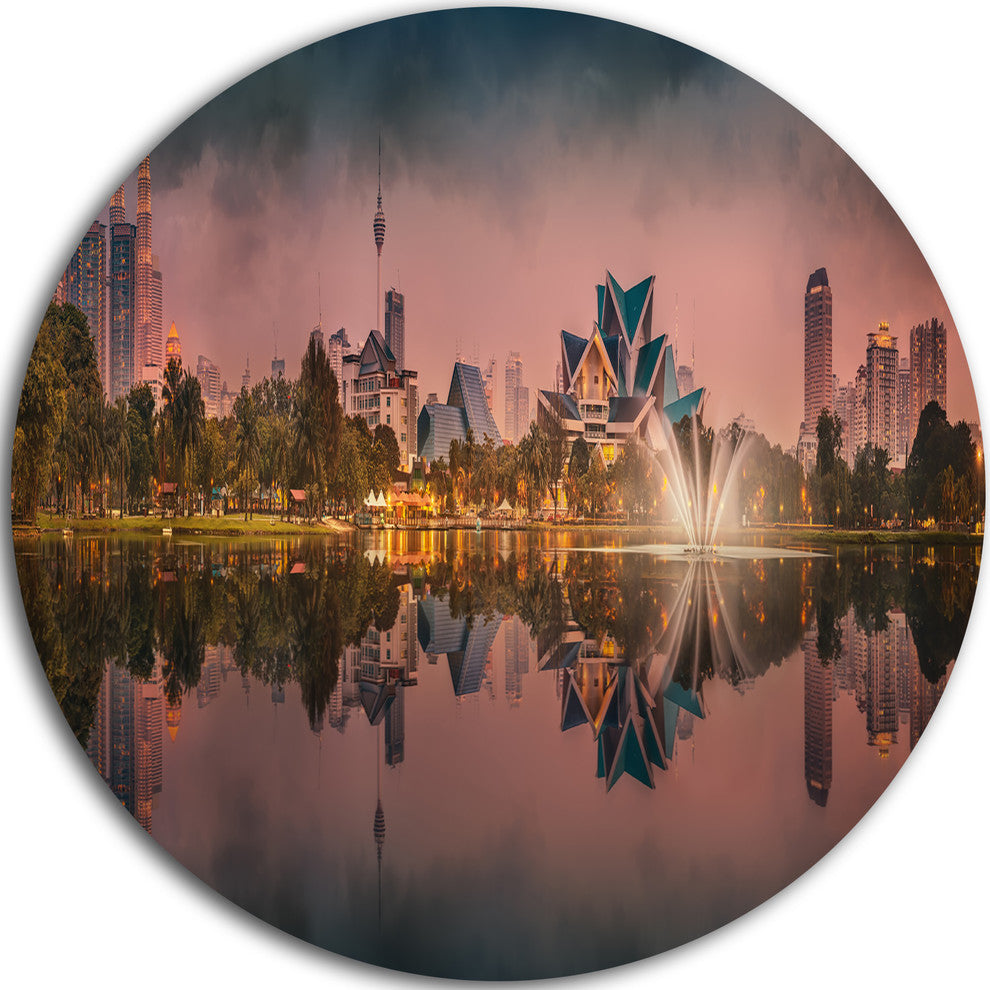 Kula Lumpur Night Scenery, Landscape Round Metal Wall Art, 23"