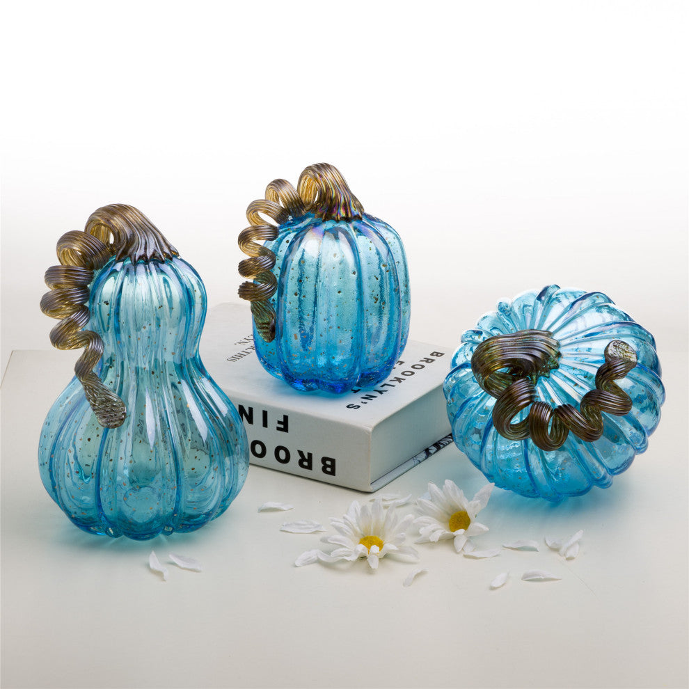 Set of 3, Blue Glass Pumpkin