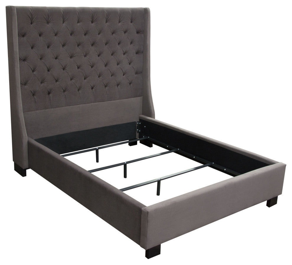 Eastern King Tufted Bed With Vintage Wing, Smoke Gray Velvet
