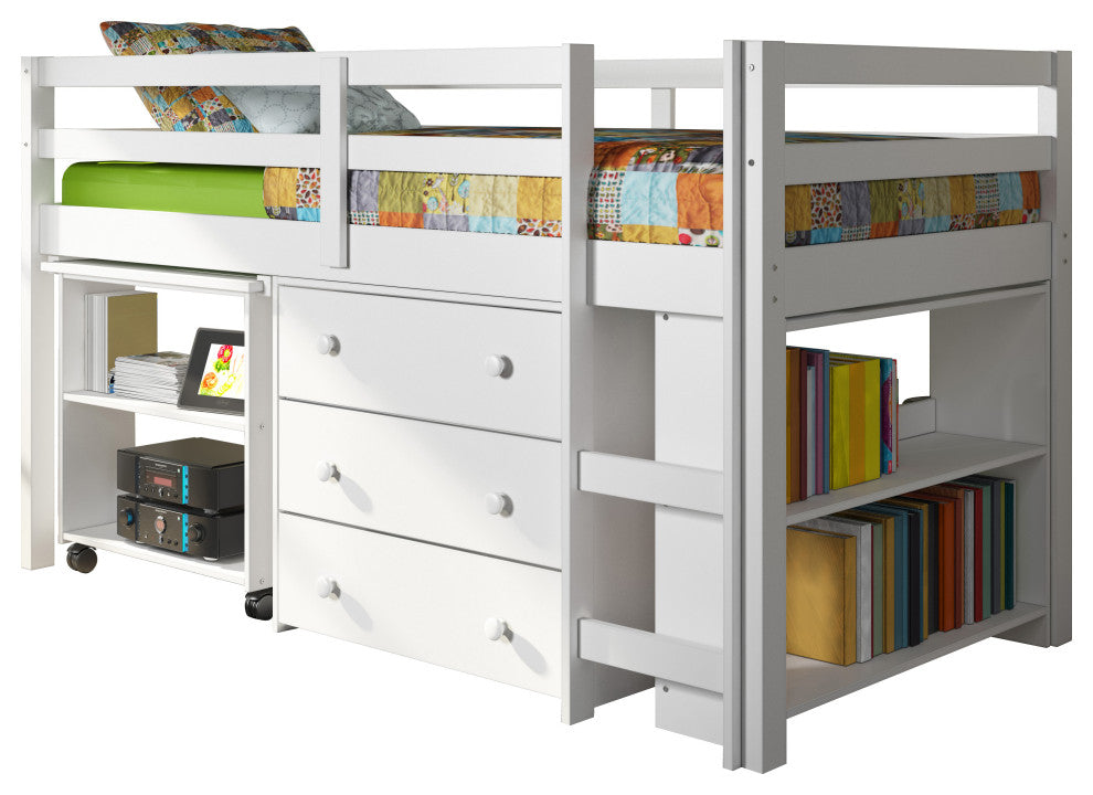 Donco Kids Studying Student Low-Loft Bed, White, Twin