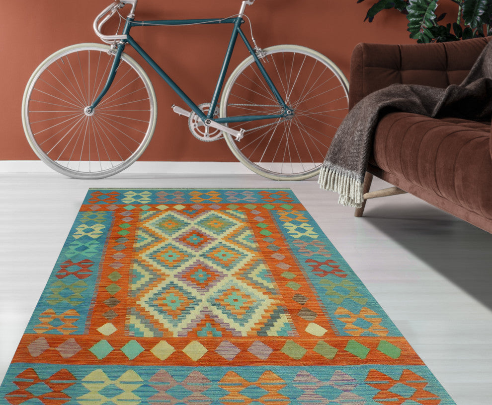 Sangat Flatweave Njemile Rust/Blue Rug, 5'0 x 6'10