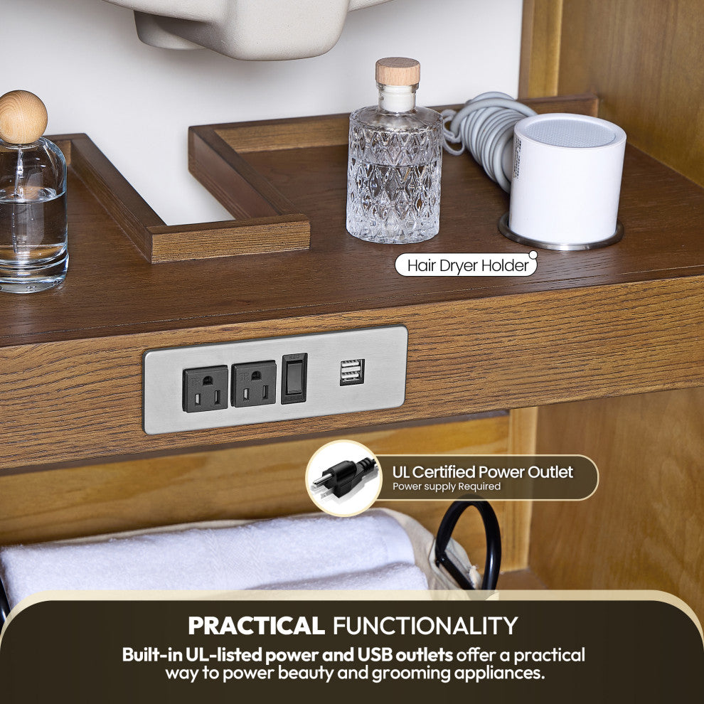 Busan Bath Vanity, Quartz Top No Mirror, Oak Classic Brown, 60", Double Vanity