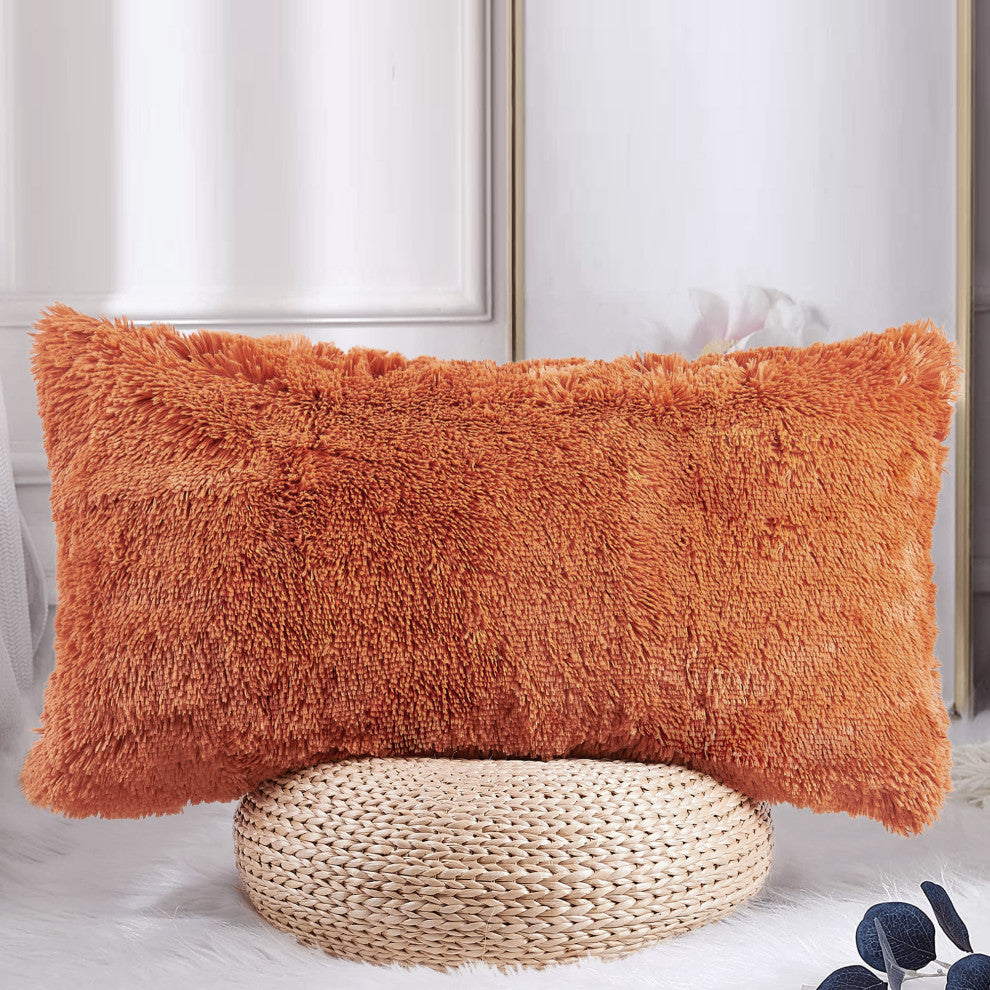 Shaggy Faux Fur Pillow Cover, Burnt Orange, Set of 2, 14"x26"