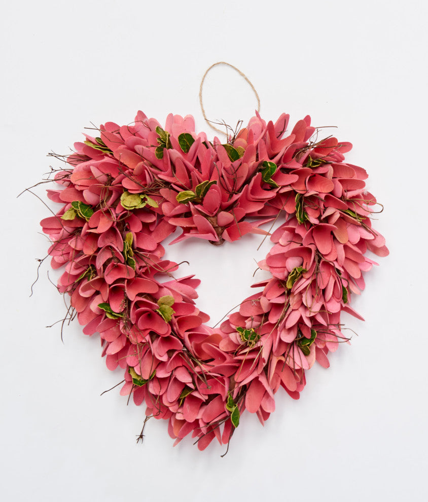 14" Wood Curl Heart Wreath With Twigs And Green Leaves